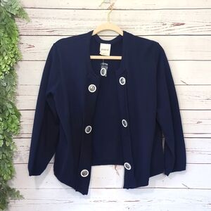 Bedford‎ Fair Navy Blue Open Cardigan Women's Large 3/4 Sleeve Preppy Nautical